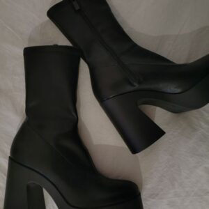 Black platform block heel ankle boots with side zipper and square toe in matte finish
